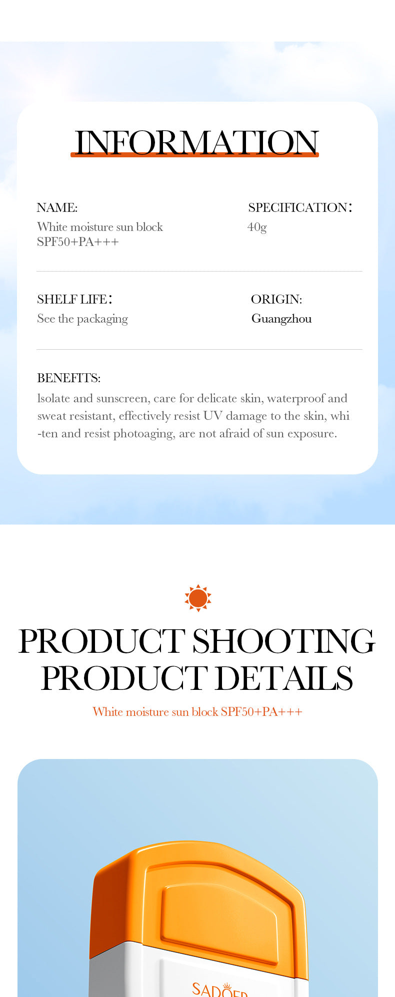 Sunscreen40g SADOER Lightweight Moisturizing Primer SPF50+Hydrating Clear Cross-Border Wholesale - 图片 13