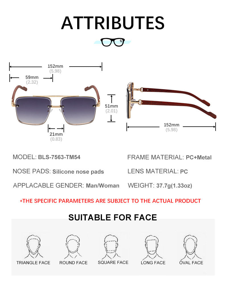 2025New European and American Fashion Square Frame Sunglasses for Men Retro Imitation Wood Grain Temple Double Bridge Sun Protection Sunglasses for Men - 图片 21