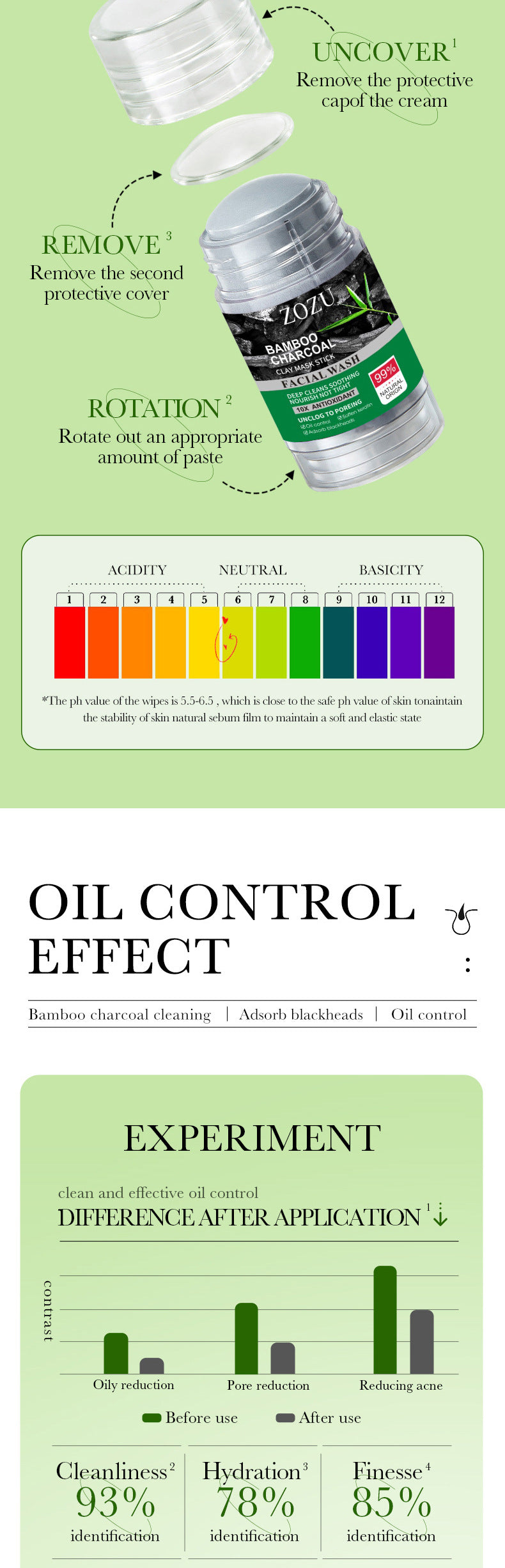 Bamboo Charcoal Solid Mask40g ZOZU Clean pores refreshing portable clay mask stick cross-border wholesale - 图片 11