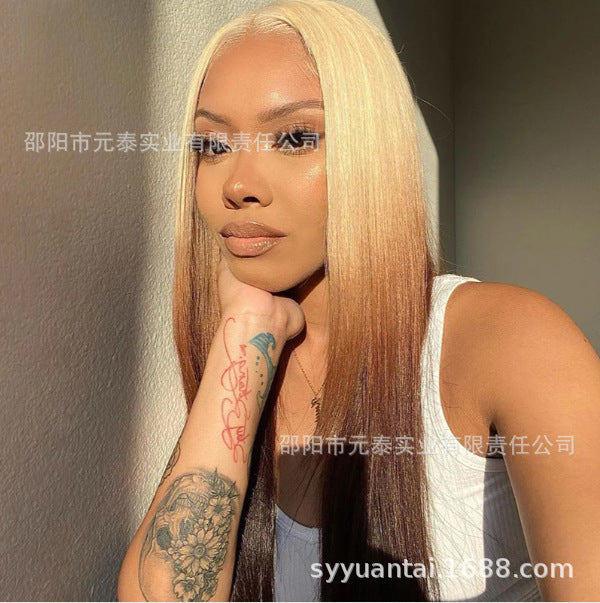 gold Brown Gradient Highlight Synthetic Wig Cross-Border Europe and America Blonde Ombre 13*4 Lace Front - 图片 12