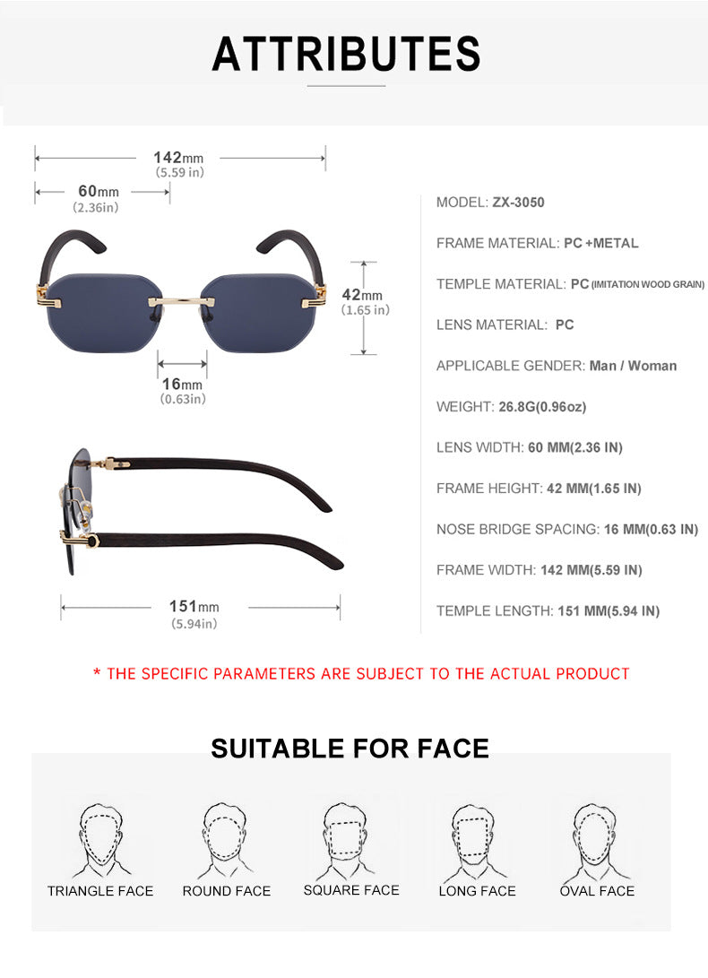 【Customization】Diamond Cut Rimless Glasses for Men, European and American Retro Style, Imitation Wood Grain Temple Sunglasses, Sun Protection Sunglasses - 图片 22