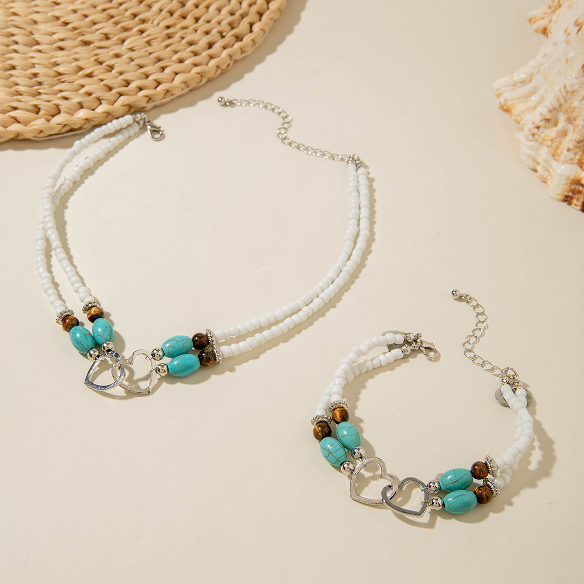 Wholesale Bohemian Vacation Style Rice Bead Turquoise Jewelry Set Metal Heart Jewelry