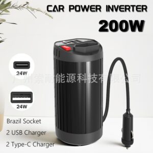 Brazilian Standard Socket Cup Type Car Inverter200W12V Turn110V/220V Double USB Double Type-C
