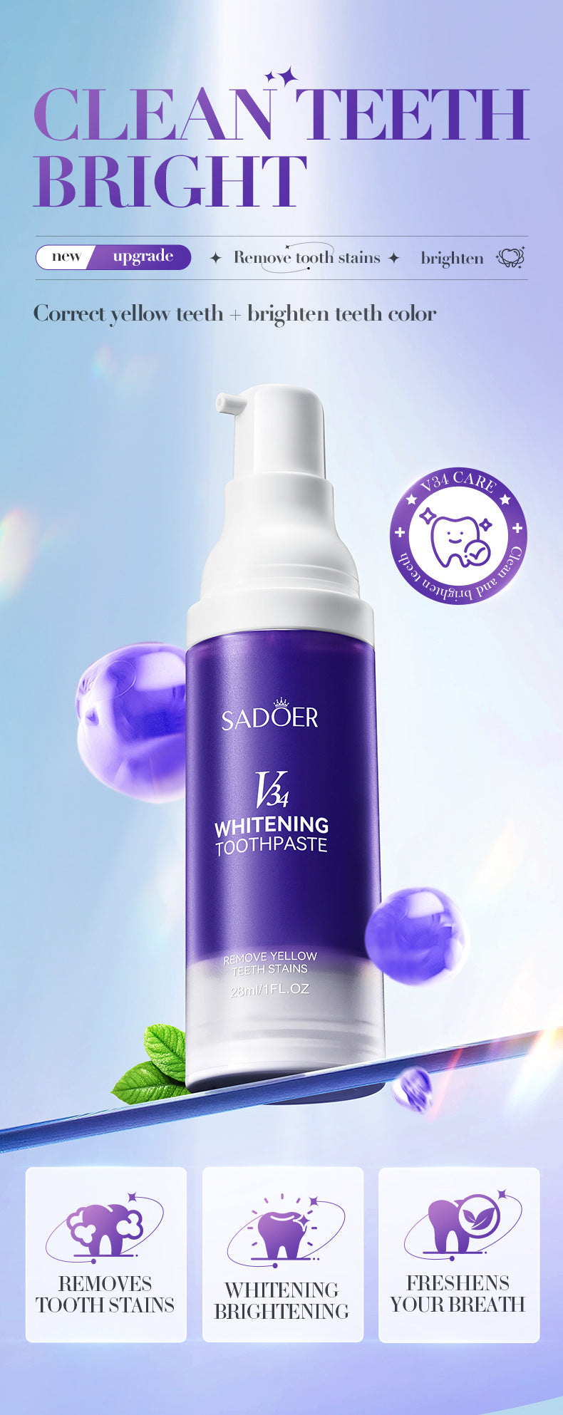 V34Whitening Toothpaste28ml SADOER Clean Teeth Clean Toothpaste Cross-Border Foreign Trade Wholesale - 图片 8