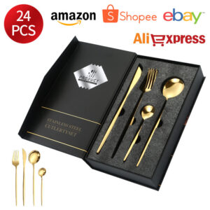 Stainless Steel Cutlery Set Portugal24Set of gold Western Food Gift Box6Steak Knife, Fork, and Spoon for One Person