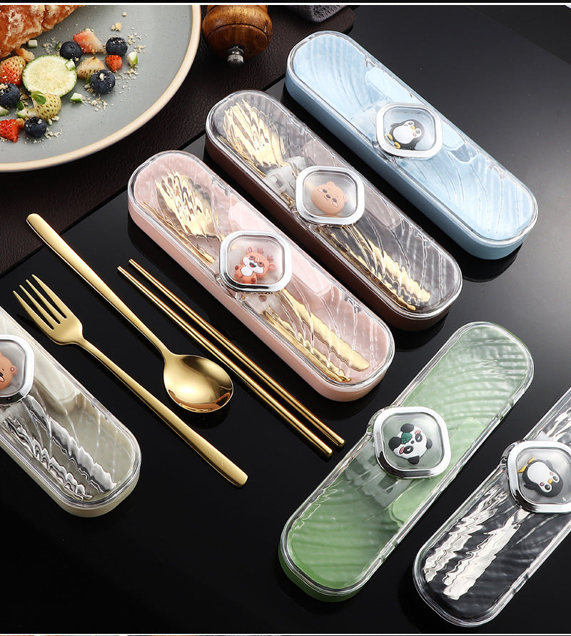 304Stainless Steel Tableware Student Cartoon Portable Tableware Set Work Outdoor Fork Spoon Chopsticks Three-piece Set - 图片 45