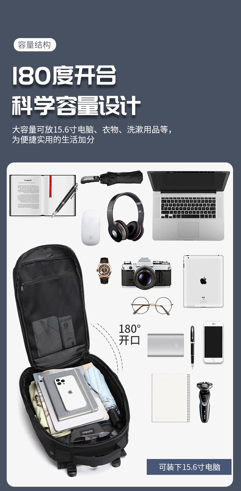 OZUKO Business Backpack for Men, Double Shoulder Laptop Bag, Waterproof, Large Capacity, Commuter School Bag, College Student Trendy Brand, High-End Feel - 图片 15