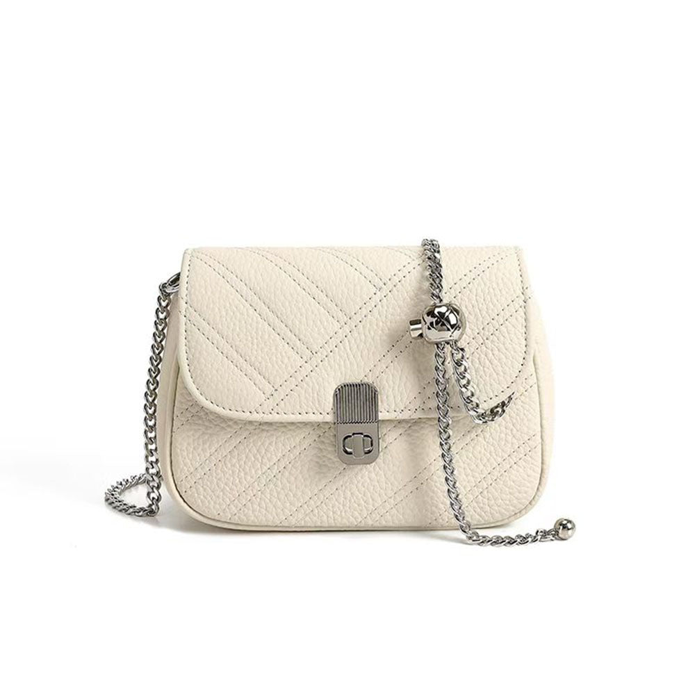 Genuine Leather Women's Bag New Metal Chain Small Square Bag Simple Versatile Chanel Style Single Shoulder Solid Color Embroidered Thread Crossbody Bag - 图片 25