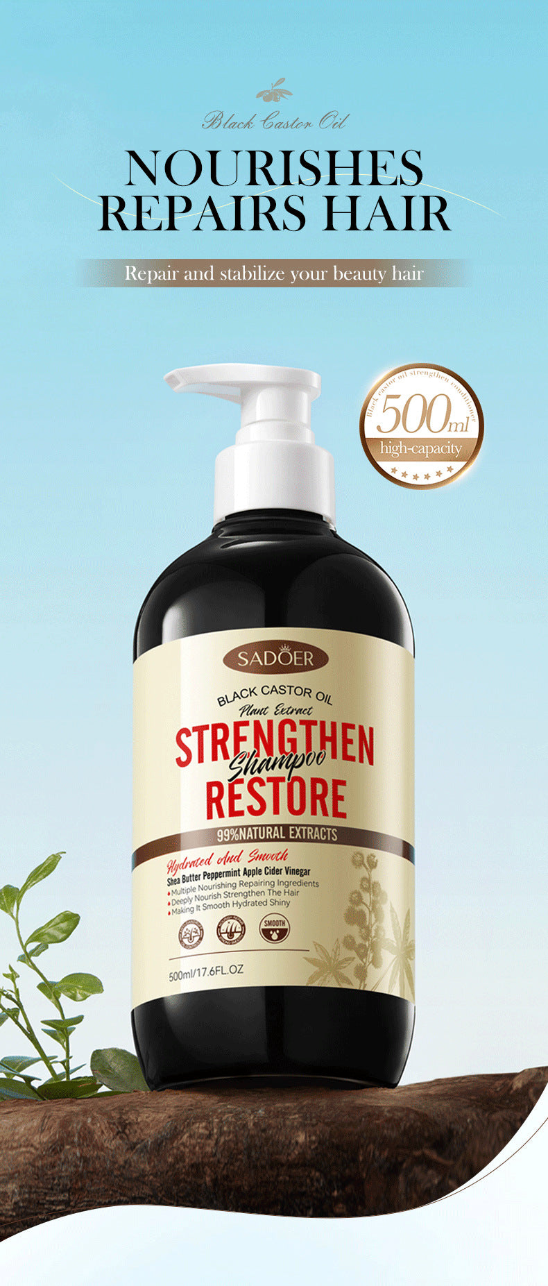 Black Castor Oil Shampoo SADOER Care Nourishing Smooth Anti-Dandruff Shampoo Cross-Border Wholesale - 图片 7