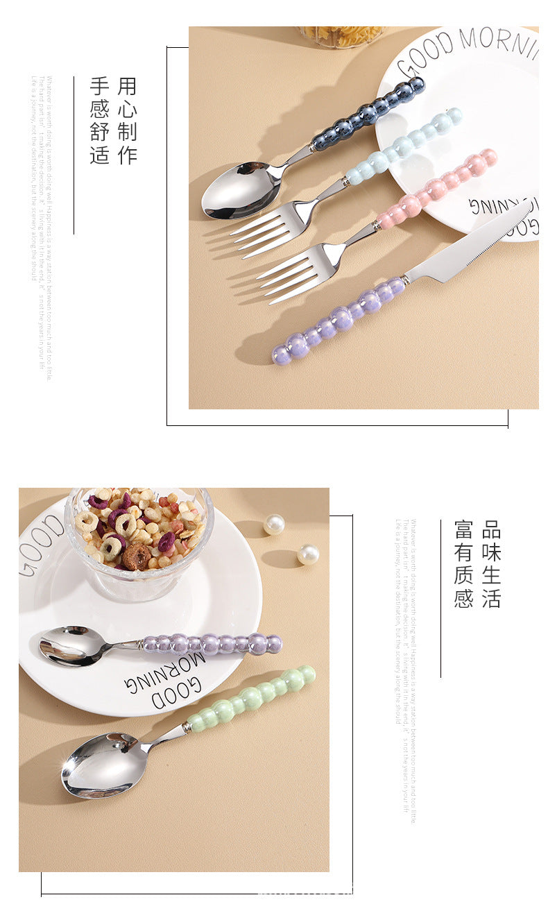 Pearl Ceramic Handle Knife European Style Set Light Luxury Nordic Style304Stainless Steel Western Cutlery Knife Fork Spoon INS - 图片 25