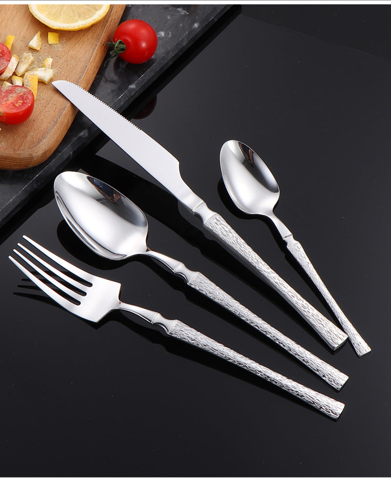 410Stainless Steel Cutlery Hotel Restaurant Hammered Knife Fork Spoon Set Western Small Waist Bark Pattern Steak Knife Fork - 图片 39