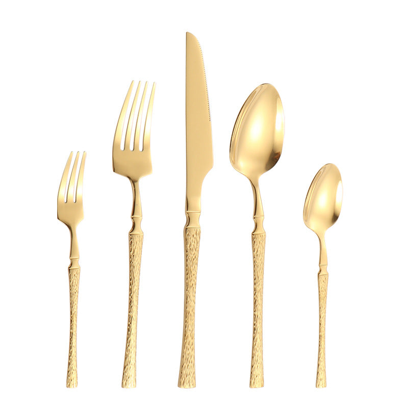 410Stainless Steel Cutlery Hotel Restaurant Hammered Knife Fork Spoon Set Western Small Waist Bark Pattern Steak Knife Fork - 图片 5