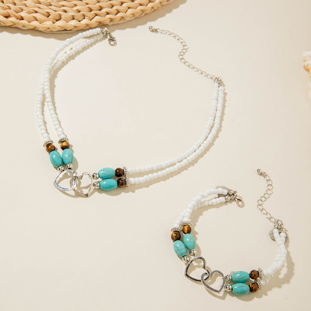 Wholesale Bohemian Vacation Style Rice Bead Turquoise Jewelry Set Metal Heart Jewelry - 图片 12