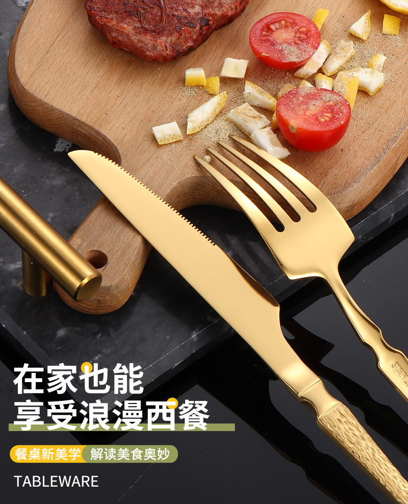 410Stainless Steel Cutlery Hotel Restaurant Hammered Knife Fork Spoon Set Western Small Waist Bark Pattern Steak Knife Fork - 图片 25