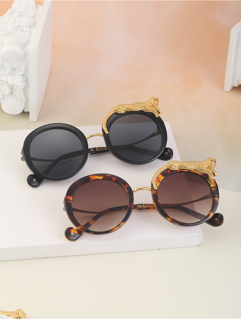 2025New Anti-Blue Light Glasses for Women Leopard Head Diamond-Studded European and American Round Frame Sunglasses Trendy Large Frame Sunglasses High-End Feel - 图片 22