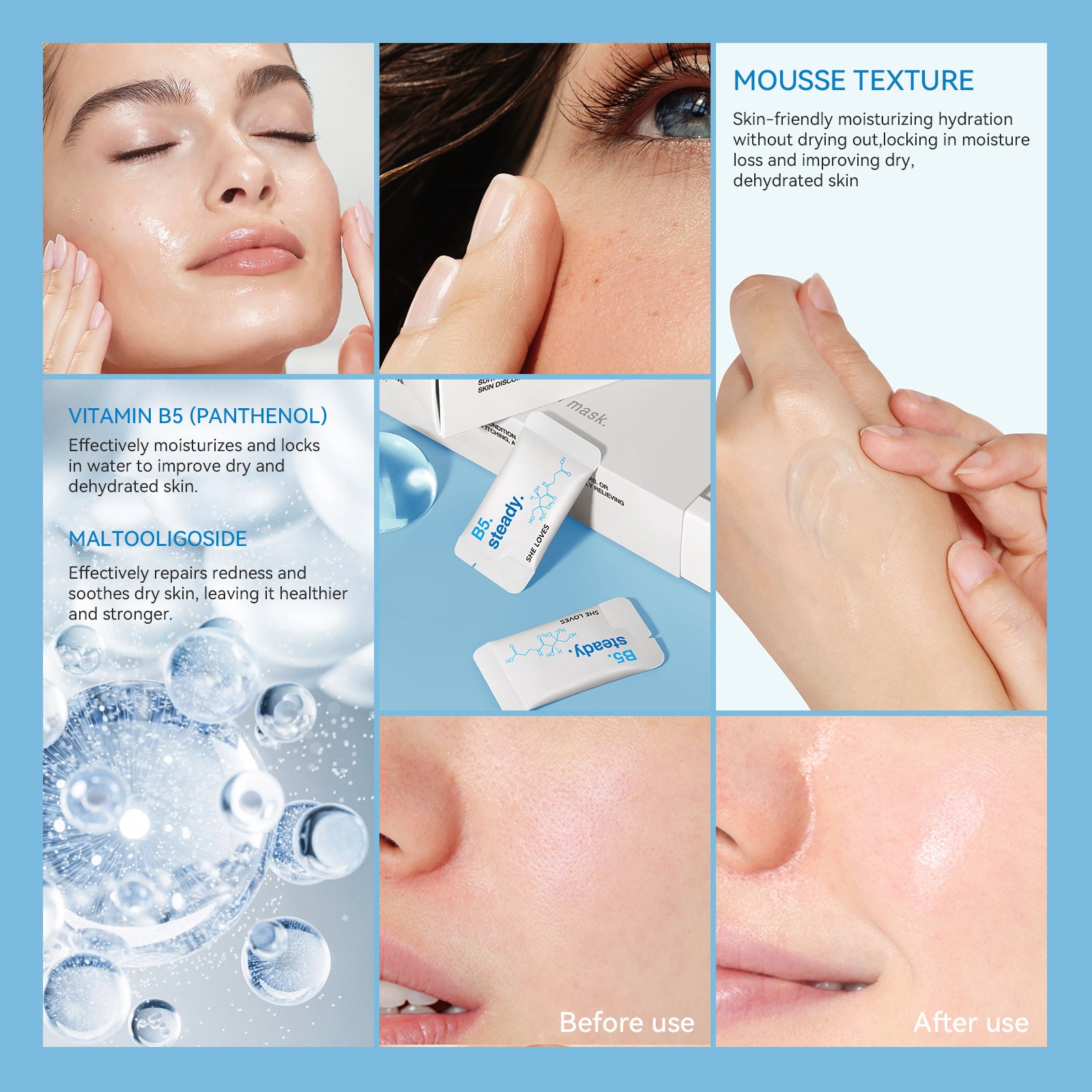 Hydrating and Soothing B5Facial Mask Hydrating Moisturizing Brightening Dullness Emergency Repair Soothing Sensitive Skin Mask Set - 图片 12