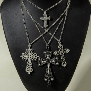 European and American Retro Hollow Diamond Cross Pendant Necklace Gothic Style Black Layered Wear Y Type Necklace