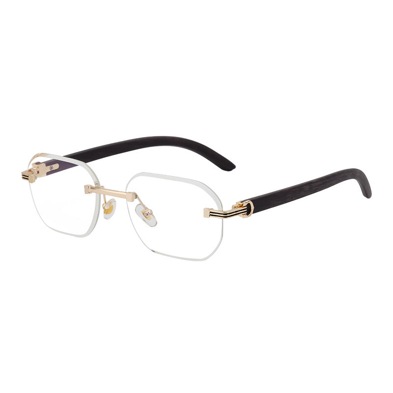 【Customization】Diamond Cut Rimless Glasses for Men, European and American Retro Style, Imitation Wood Grain Temple Sunglasses, Sun Protection Sunglasses - 图片 8