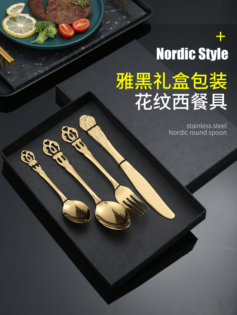 Stainless Steel Cutlery Restaurant Royal Court Knife Fork Spoon Set Hotel Western Cuisine European Retro Relief Steak Knife Fork - 图片 32