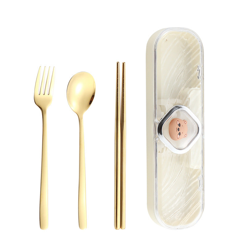 304Stainless Steel Tableware Student Cartoon Portable Tableware Set Work Outdoor Fork Spoon Chopsticks Three-piece Set - 图片 5