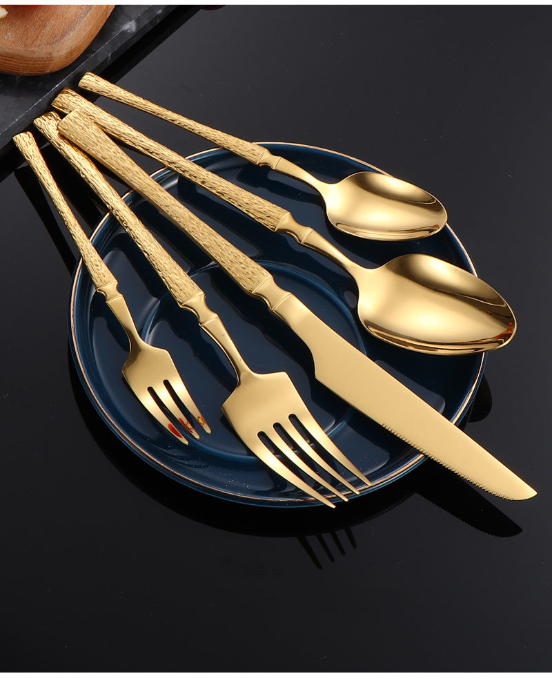 410Stainless Steel Cutlery Hotel Restaurant Hammered Knife Fork Spoon Set Western Small Waist Bark Pattern Steak Knife Fork - 图片 41