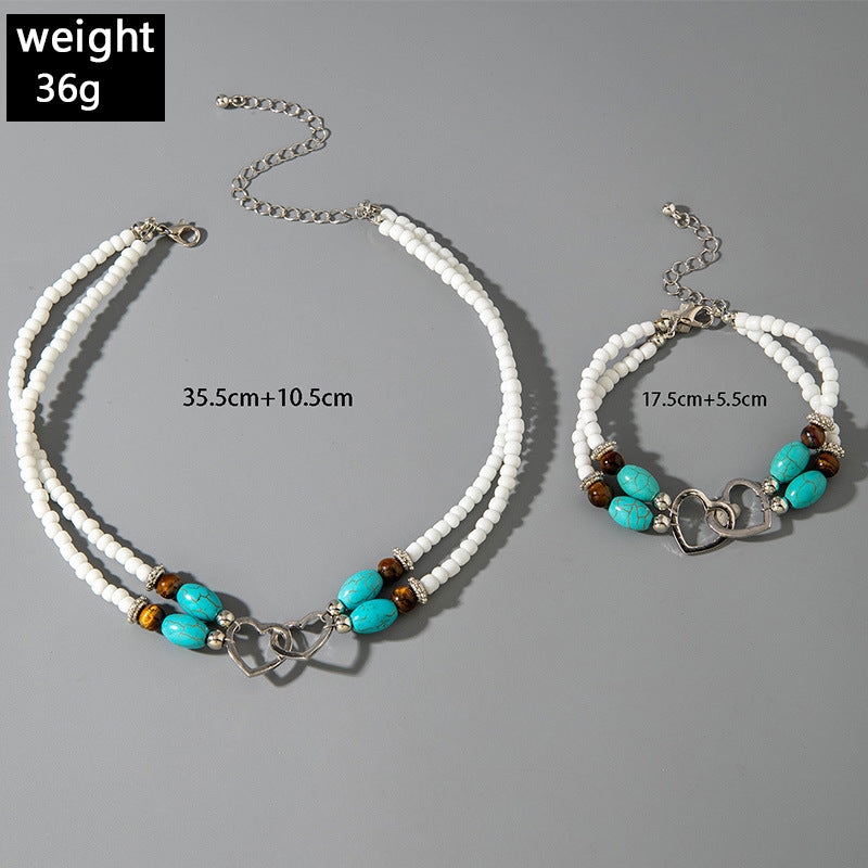 Wholesale Bohemian Vacation Style Rice Bead Turquoise Jewelry Set Metal Heart Jewelry - 图片 10