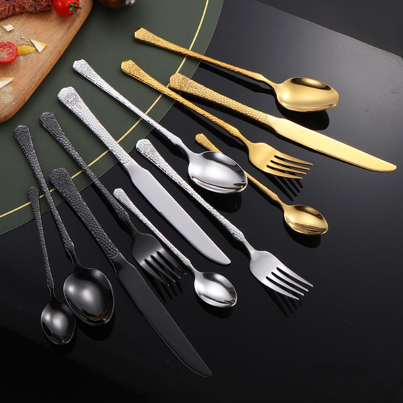 410Stainless Steel Tableware Hotel Restaurant Hammered Knife Fork Spoon24Set of High-End Western Cuisine Embossed Steak Knives and Forks - 图片 3