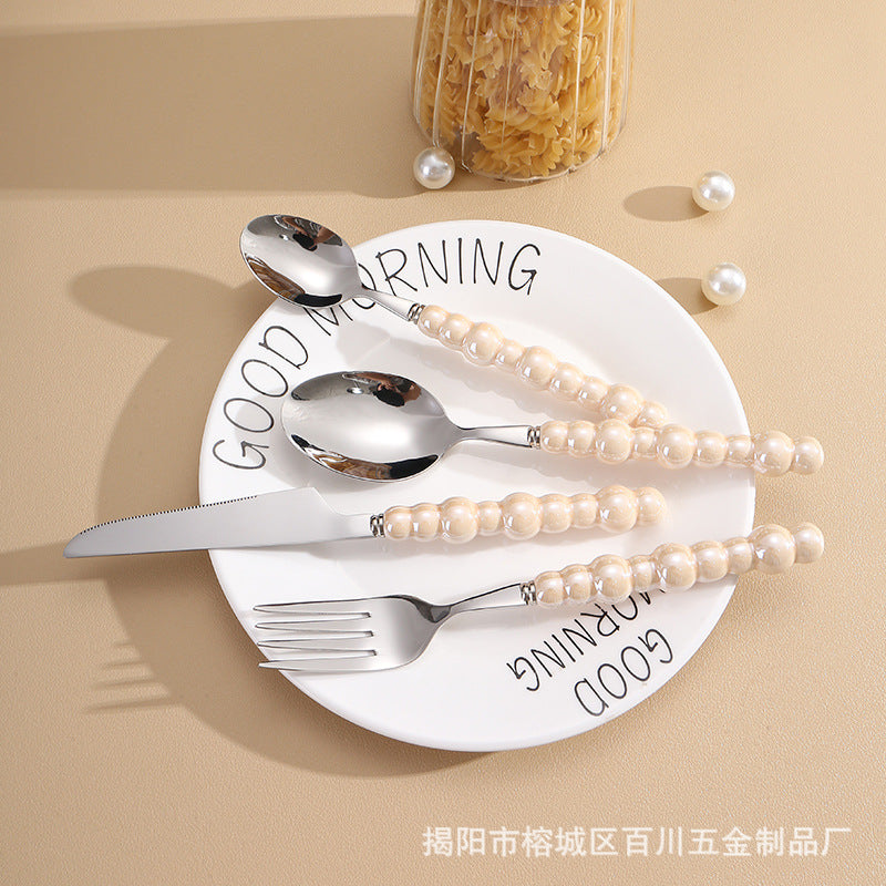 Pearl Ceramic Handle Knife European Style Set Light Luxury Nordic Style304Stainless Steel Western Cutlery Knife Fork Spoon INS - 图片 6
