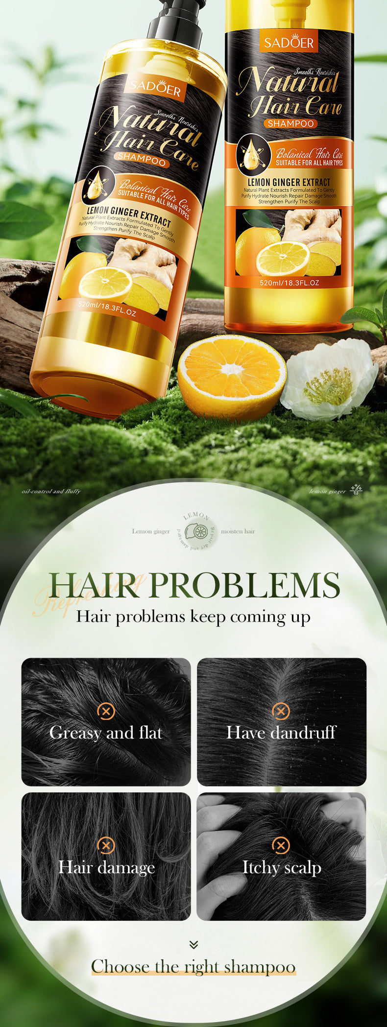 Lemon Ginger Shampoo520ml SADOER Smooth Nourishing Cleansing Shampoo Cross-Border Wholesale - 图片 8