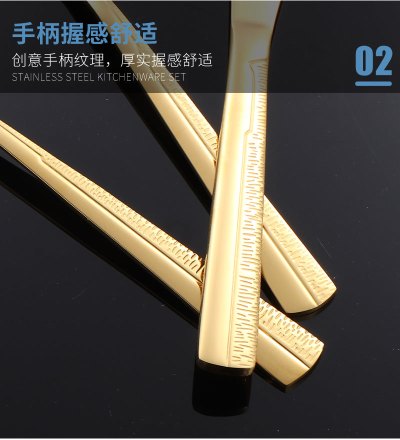 410Stainless Steel Tableware Hotel Restaurant Sand Texture Knife Fork Spoon Tea Spoon24Set of gold Western Steak Knives and Forks - 图片 26