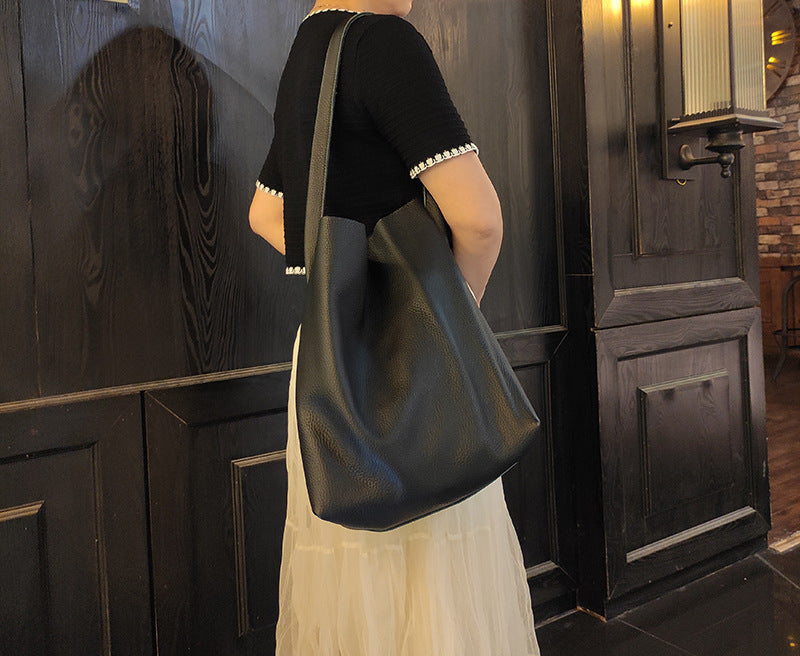 Women's Genuine Leather Underarm Bag, Large Capacity Single Shoulder Tote Bag, Top Layer Cowhide Commuter High-End Bucket Bag - 图片 27