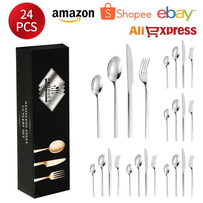 410Stainless Steel Tableware Hotel Restaurant Thickened Square Handle Knife Fork Spoon Set Western Food24Set of Steak Knives and Forks - 图片 21