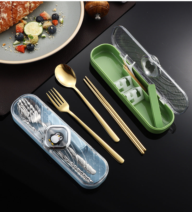 304Stainless Steel Tableware Student Cartoon Portable Tableware Set Work Outdoor Fork Spoon Chopsticks Three-piece Set - 图片 44