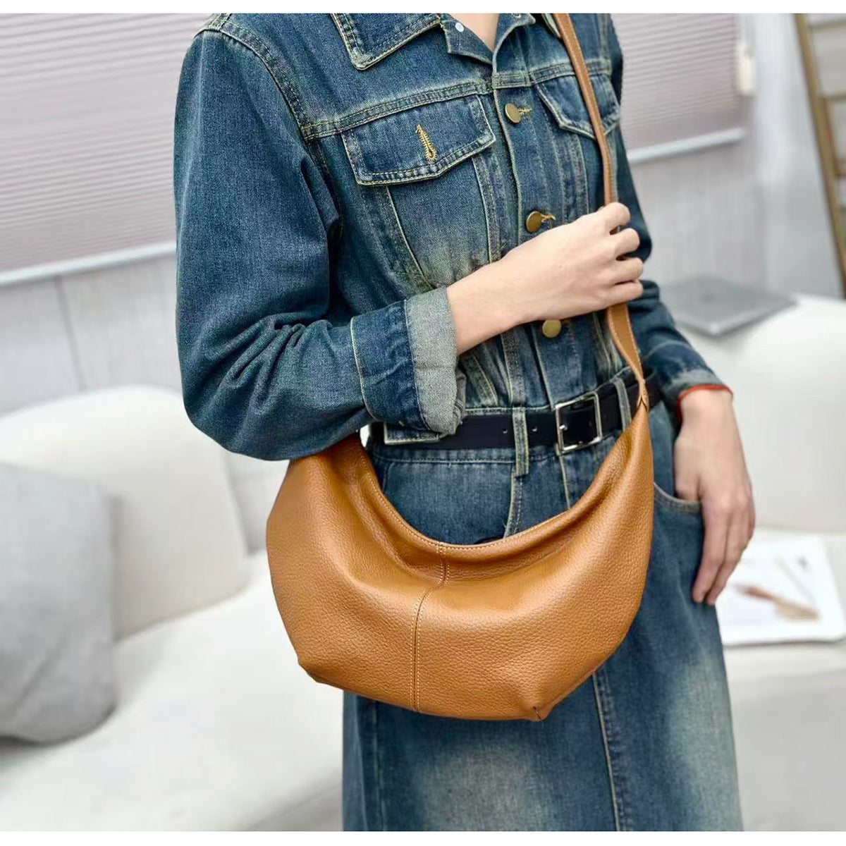 New Genuine Leather Underarm Bag Top Layer Cowhide Horn Dumpling Bag Simple Casual Versatile Single Shoulder Crossbody Bag - 图片 15