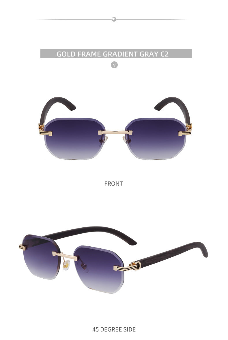 【Customization】Diamond Cut Rimless Glasses for Men, European and American Retro Style, Imitation Wood Grain Temple Sunglasses, Sun Protection Sunglasses - 图片 25