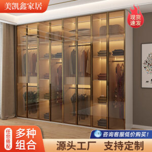 Glass Door Wardrobe with Lights, Solid Wood, Home Bedroom, Modern Simple European Pine Board, Cream Color, Skin Feel Storage, Large Wardrobe