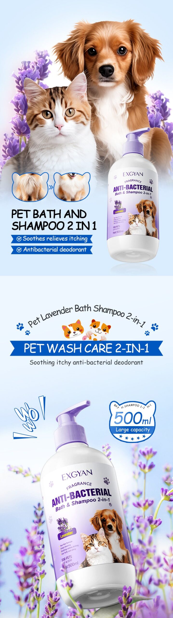 Pet Lavender Bath and Shampoo 2-in-1 EXGYAN Cat and Dog Bath Gel Cross-Border Wholesale - 图片 7