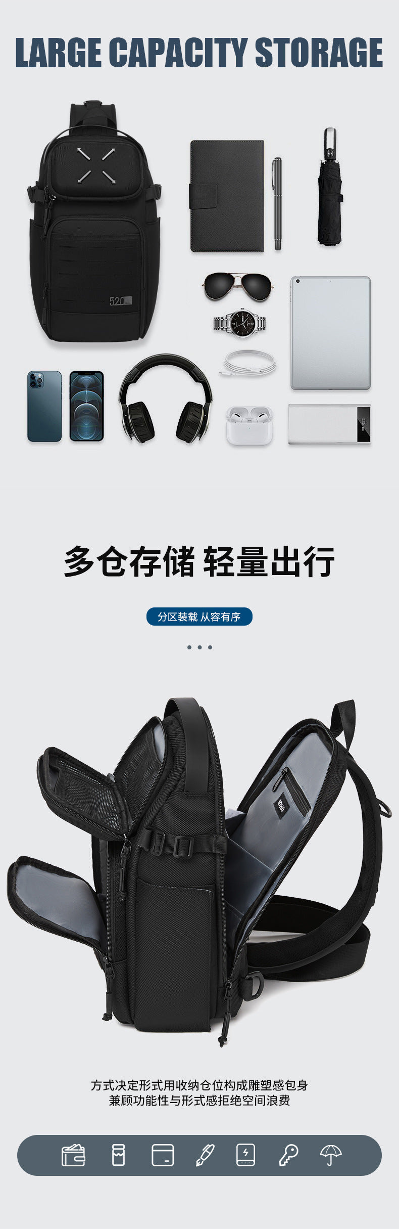 ozuko Men's Chest Bag Crossbody Bag High-end Waterproof Large Capacity Trendy Men's Shoulder Bag Commuting Portable Bag - 图片 14