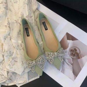 Pointed Toe Women's Single Shoes2025Spring and summer new style rhinestone bowknot soft sole versatile elegant flat loafers