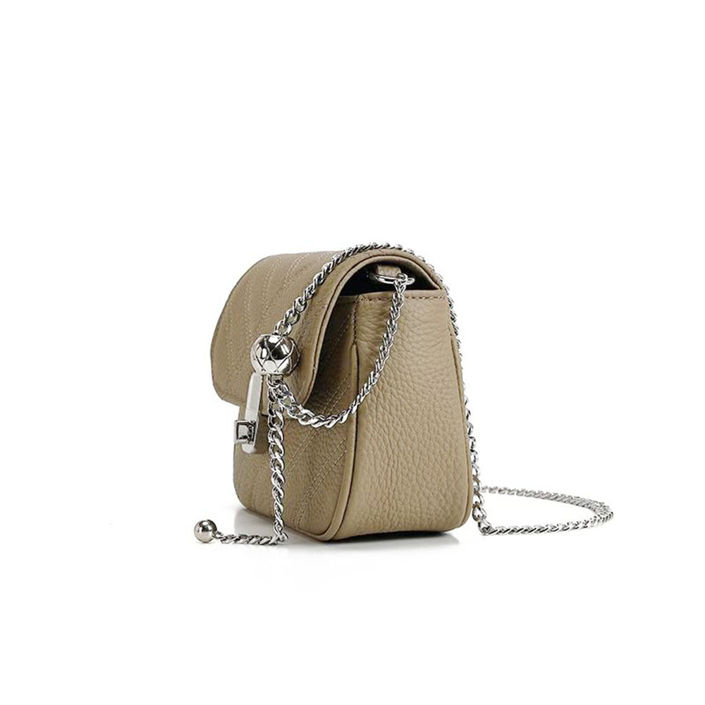 Genuine Leather Women's Bag New Metal Chain Small Square Bag Simple Versatile Chanel Style Single Shoulder Solid Color Embroidered Thread Crossbody Bag - 图片 15