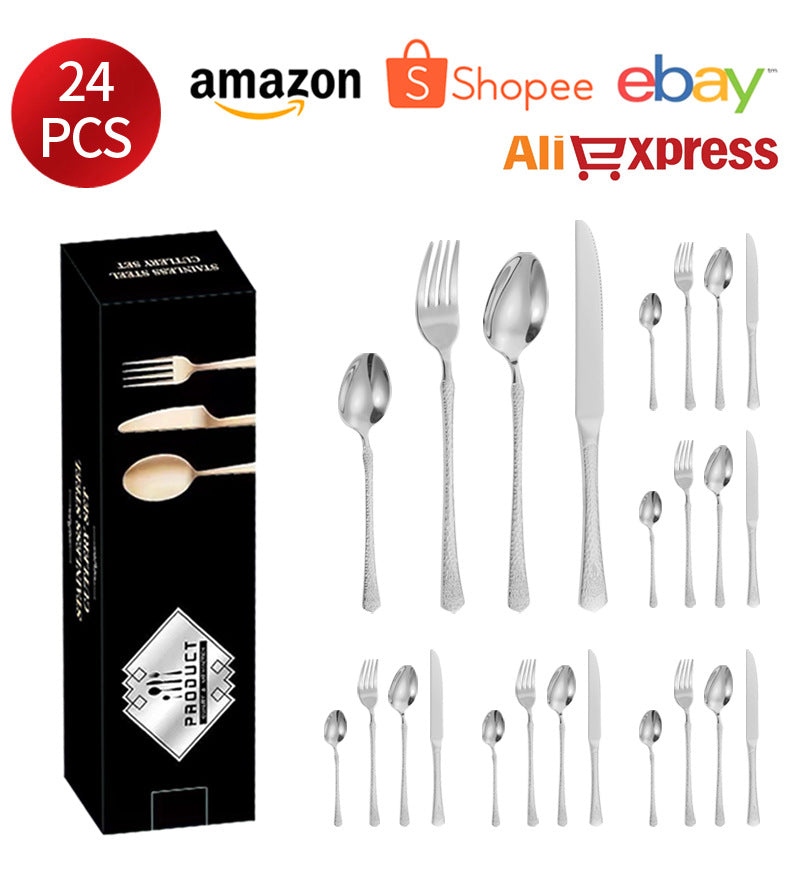 Stainless Steel Tableware Hotel Restaurant Crown Hammered Knife Fork Spoon24Set of Western Steak Knives and Forks - 图片 29