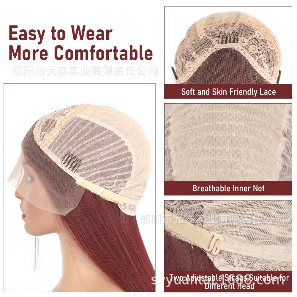 Front Lace13*4Wig in burgundy color28Inch Long Straight Hair Synthetic Fiber Headband Hot Sale wigs High-Temperature Wig with Side Bangs - 图片 3