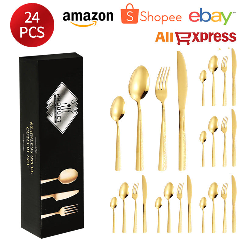 410Stainless Steel Tableware Hotel Restaurant Sand Texture Knife Fork Spoon Tea Spoon24Set of gold Western Steak Knives and Forks - 图片 16