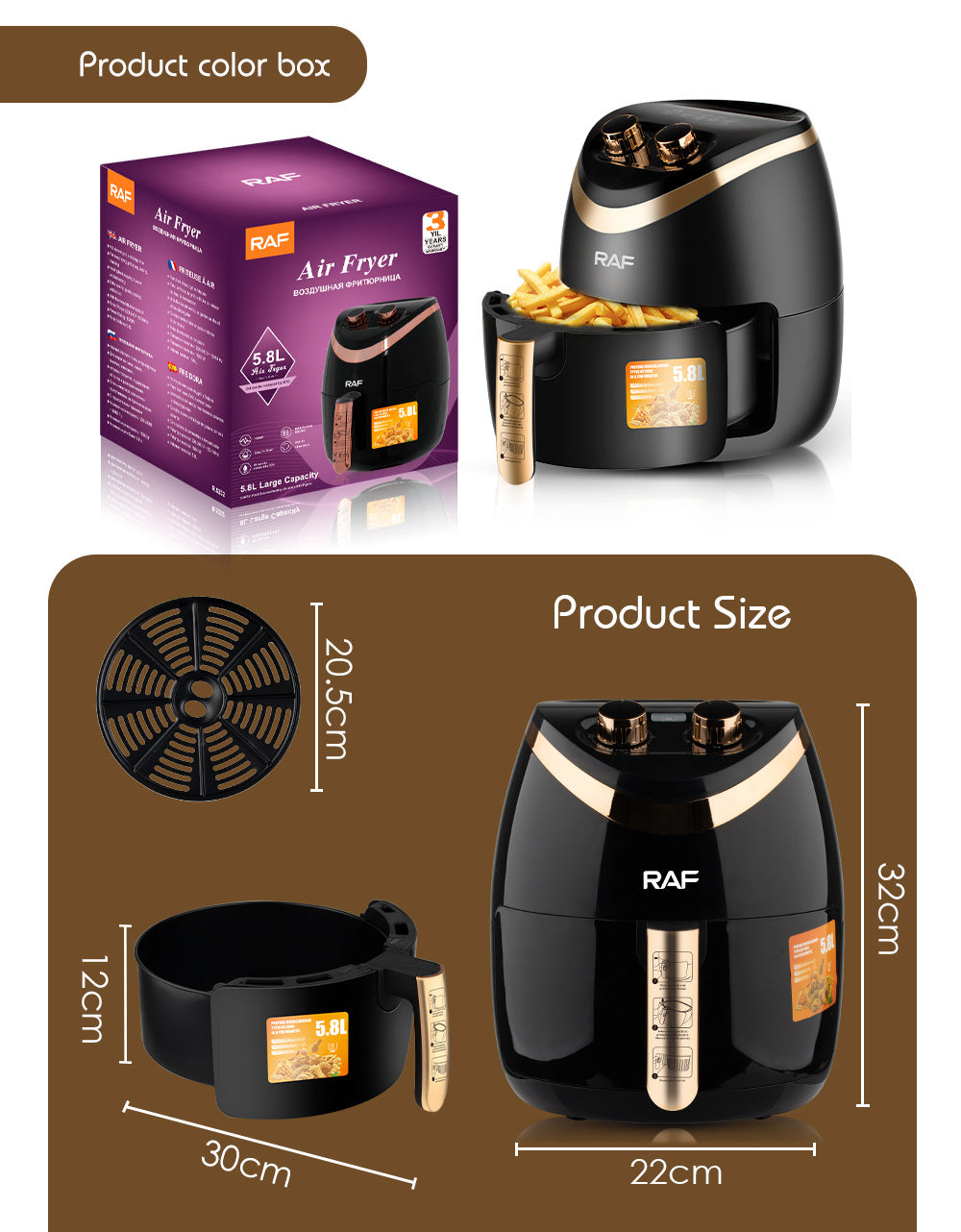 RAF European style air fryer for home use with large capacity Multifunctional Smart French Fries Fully Automatic Fryer 5.8L - 图片 18