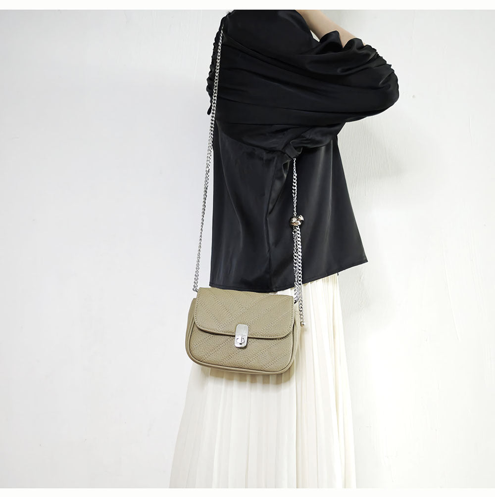 Genuine Leather Women's Bag New Metal Chain Small Square Bag Simple Versatile Chanel Style Single Shoulder Solid Color Embroidered Thread Crossbody Bag - 图片 37