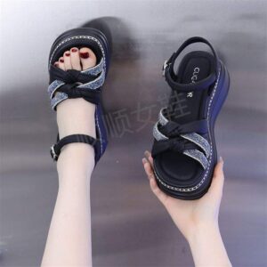 Export Internet Celebrity Women's Sandals2025New Summer Rhinestone Wedge Platform Thick Sole Roman Sandals Trendy