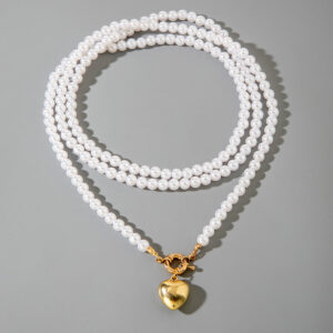 Ornament Layered Wear CCB Peach Heart Necklace Wholesale Baroque Metal Pendant Pearl Necklace