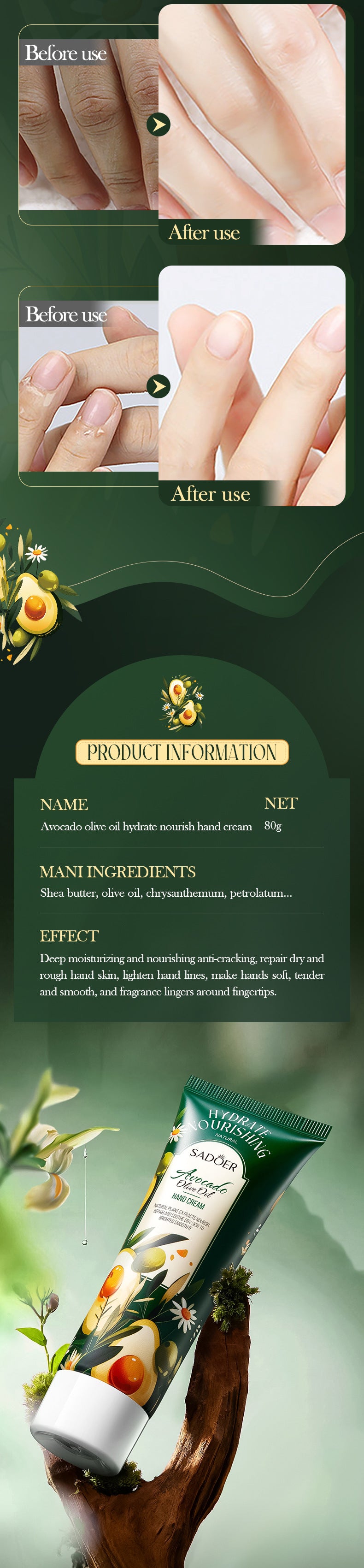 Cross-border Avocado Nourishing Hand Cream80g Olive Oil Hydrating Moisturizing Hand Cream Export Manufacturer Wholesale - 图片 17
