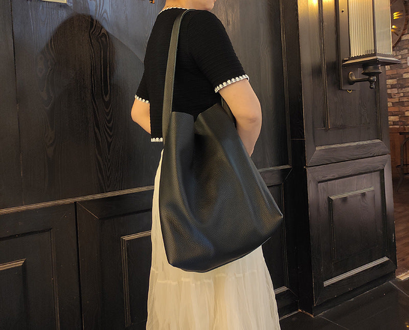 Women's Genuine Leather Underarm Bag, Large Capacity Single Shoulder Tote Bag, Top Layer Cowhide Commuter High-End Bucket Bag - 图片 28