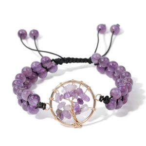 Double Row Braided Amethyst Bracelet Crushed Stone Tree of Life gold Wire Wrapped Adjustable Green Aventurine Tree of Life Bracelet